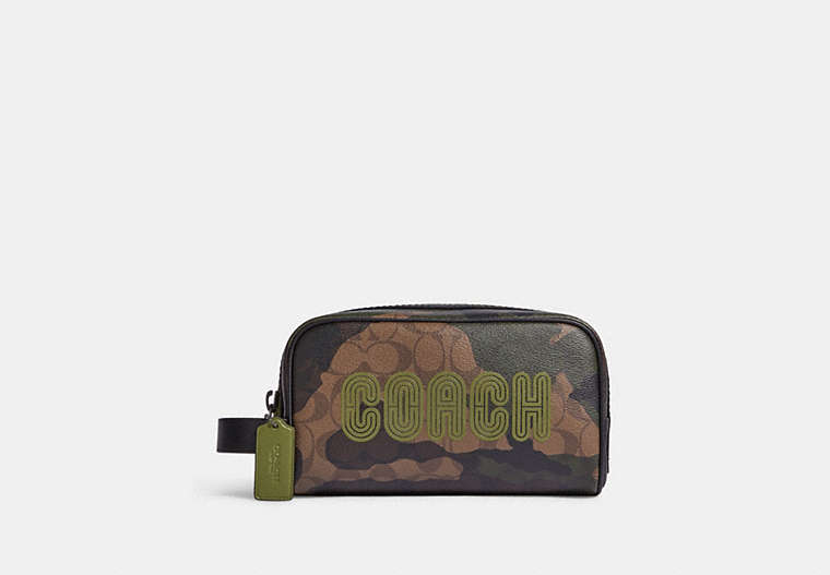 COACH®,SMALL TRAVEL KIT IN SIGNATURE CANVAS WITH CAMO PRINT AND COACH PATCH,Signature Coated Canvas,Medium,Black Antique Nickel/Khaki/Olive Green Multi,Front View