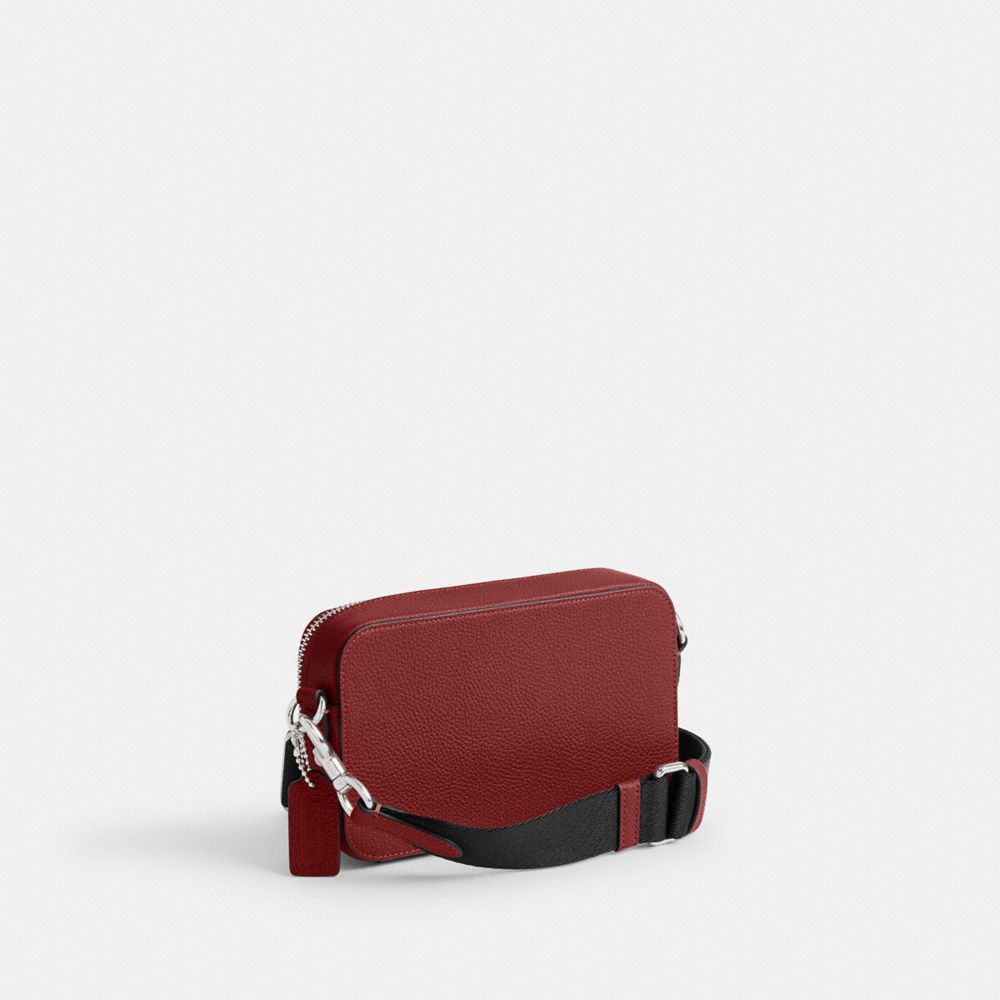 COACH®,Charter Slim Crossbody Bag,Leather,Coin,Crossbody,Embossed,Logo,Metal,Casual,Maroon,Angle View