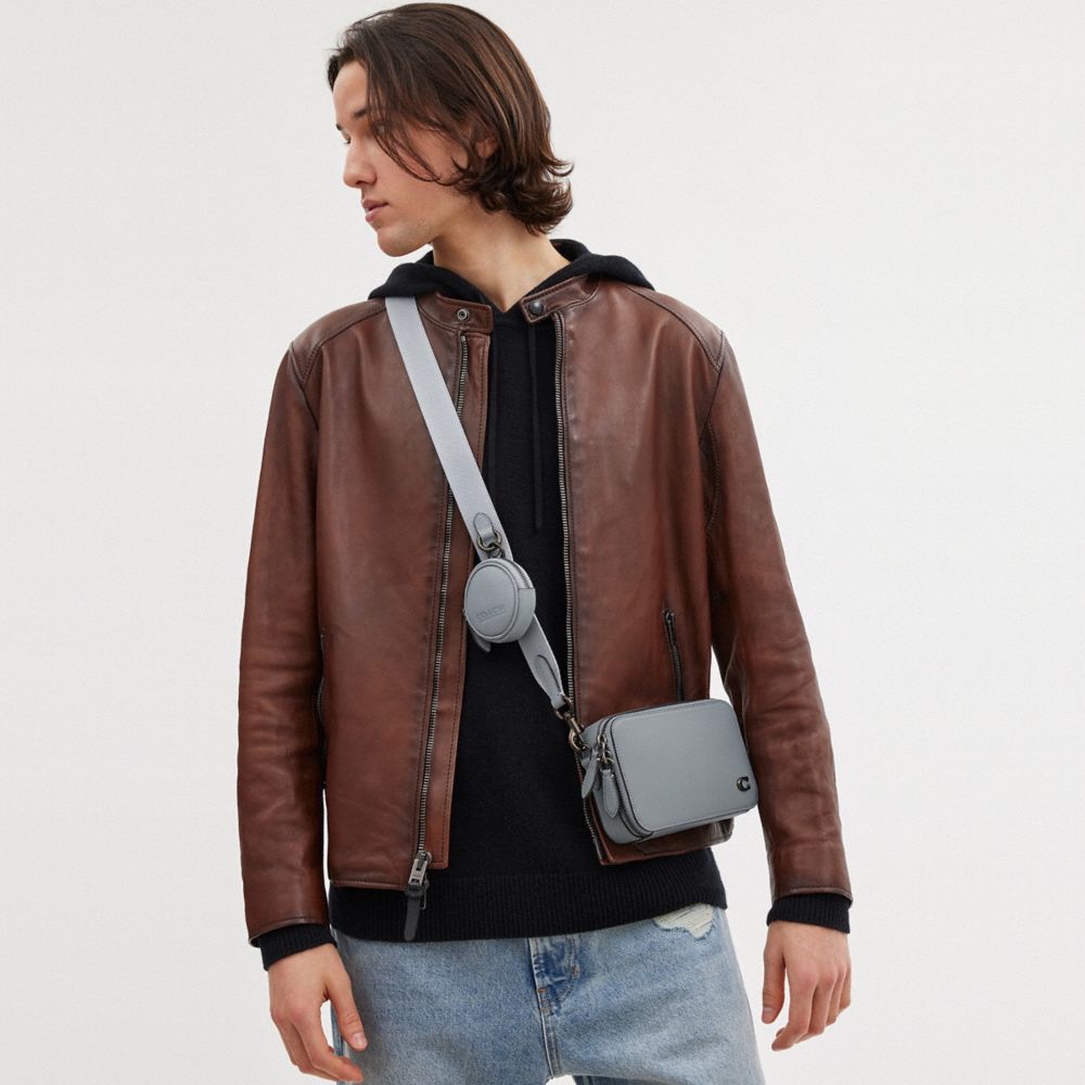 COACH®,Charter Slim Crossbody Bag,Leather,Coin,Crossbody,Embossed,Logo,Metal,Casual,Gray,Detail View