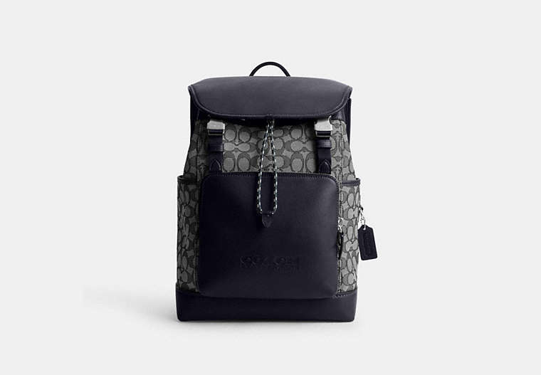 COACH®,LEAGUE FLAP BACKPACK IN SIGNATURE JACQUARD,Signature Jacquard,X-Large,Midnight Navy,Front View