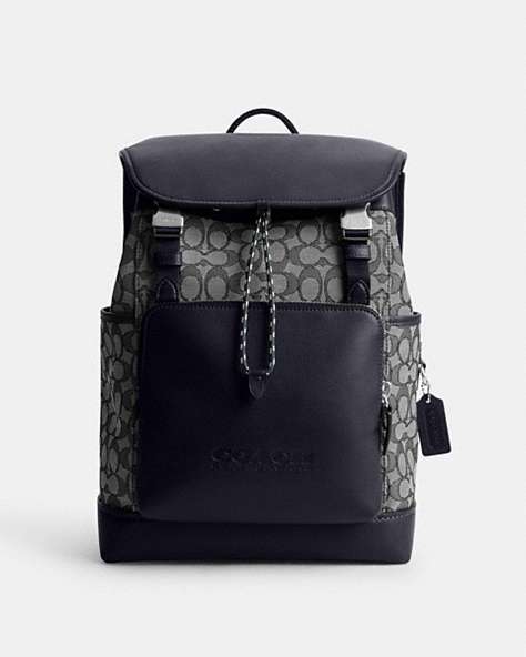 COACH®,LEAGUE FLAP BACKPACK IN SIGNATURE JACQUARD,Signature Jacquard,X-Large,Midnight Navy,Front View