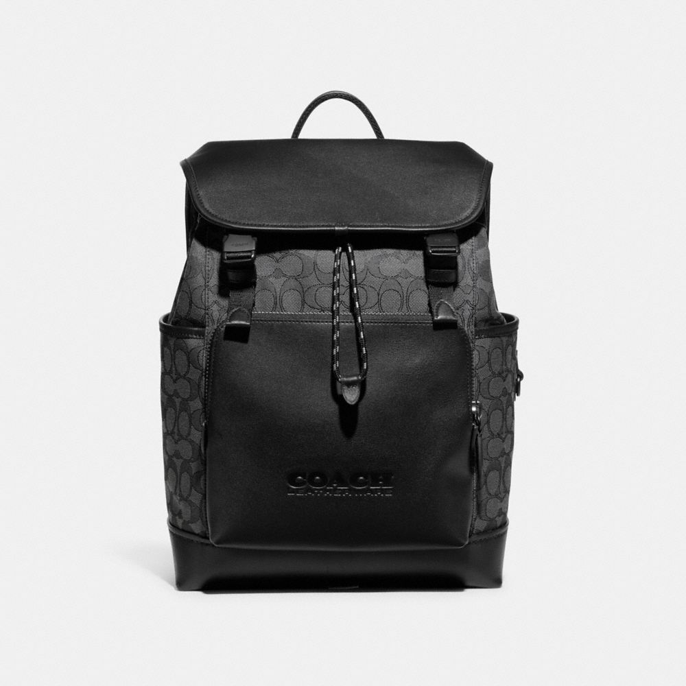 COACH®,LEAGUE FLAP BACKPACK IN SIGNATURE JACQUARD,Signature Jacquard,X-Large,Charcoal/Black,Front View