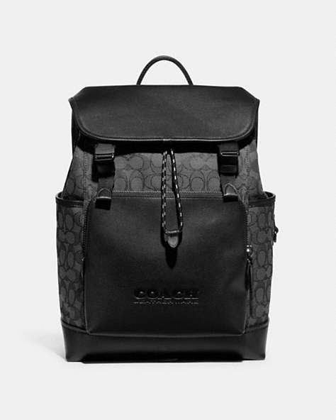 COACH®,LEAGUE FLAP BACKPACK IN SIGNATURE JACQUARD,Signature Jacquard,X-Large,Charcoal/Black,Front View