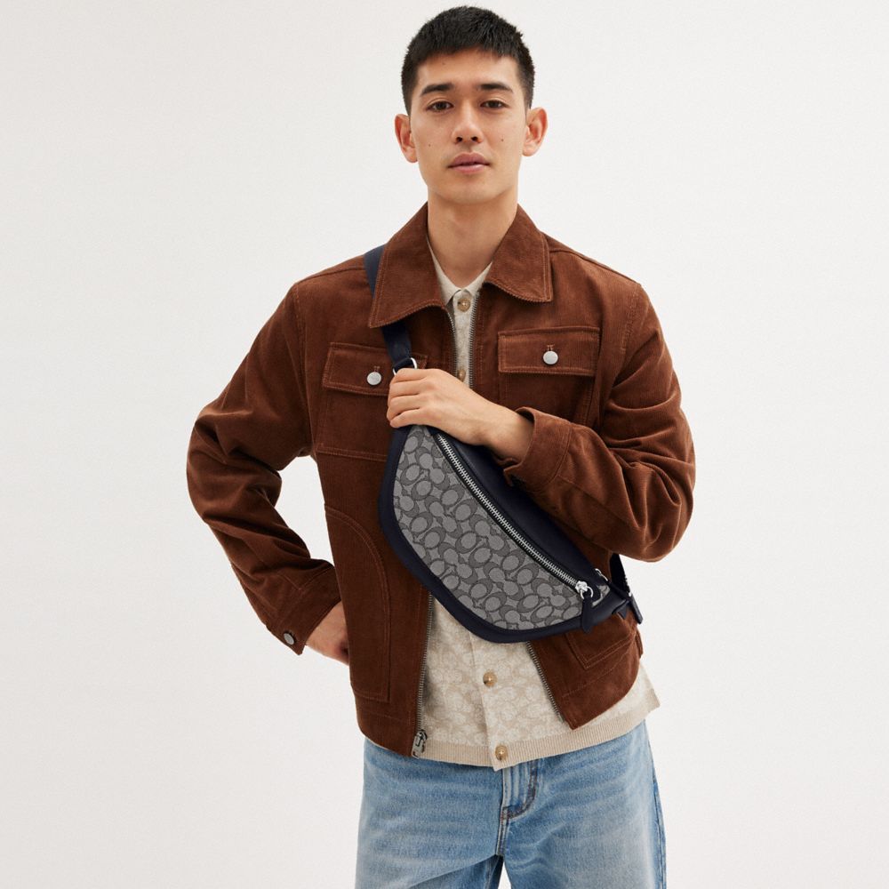 COACH®,League Belt Bag In Signature Jacquard,Calfskin Leather,Canvas,Belt Bag,Mixed Media,Color Block,Adjustable,Casual,Gray,Detail View