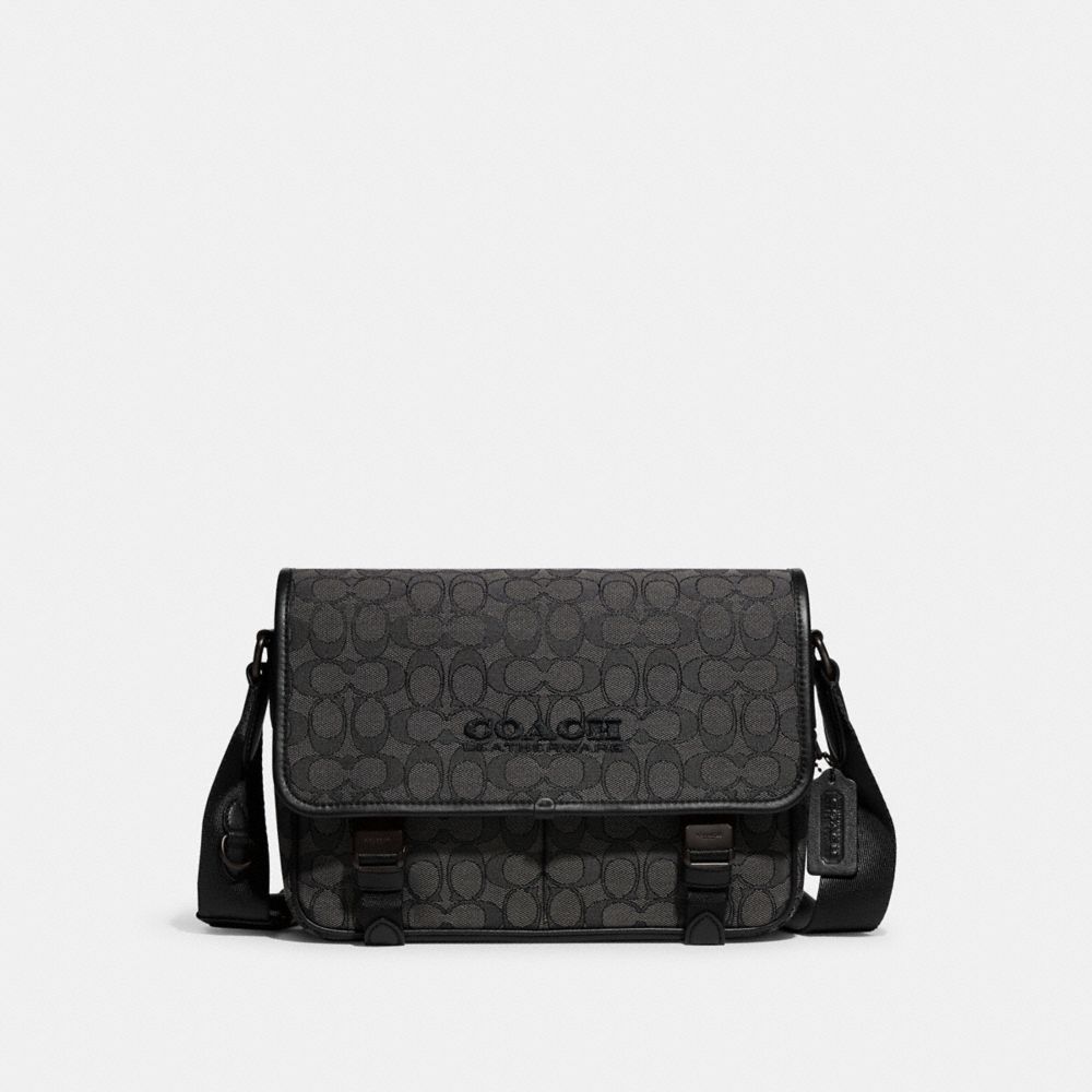 COACH®,LEAGUE MESSENGER BAG IN SIGNATURE JACQUARD,Signature Jacquard,Medium,Charcoal/Black,Front View image number 0