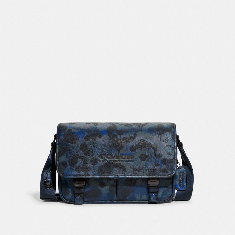 COACH®,LEAGUE MESSENGER BAG WITH CAMO PRINT,Polished Pebble Leather,Medium,Blue/Midnight Navy,Front View image number 0