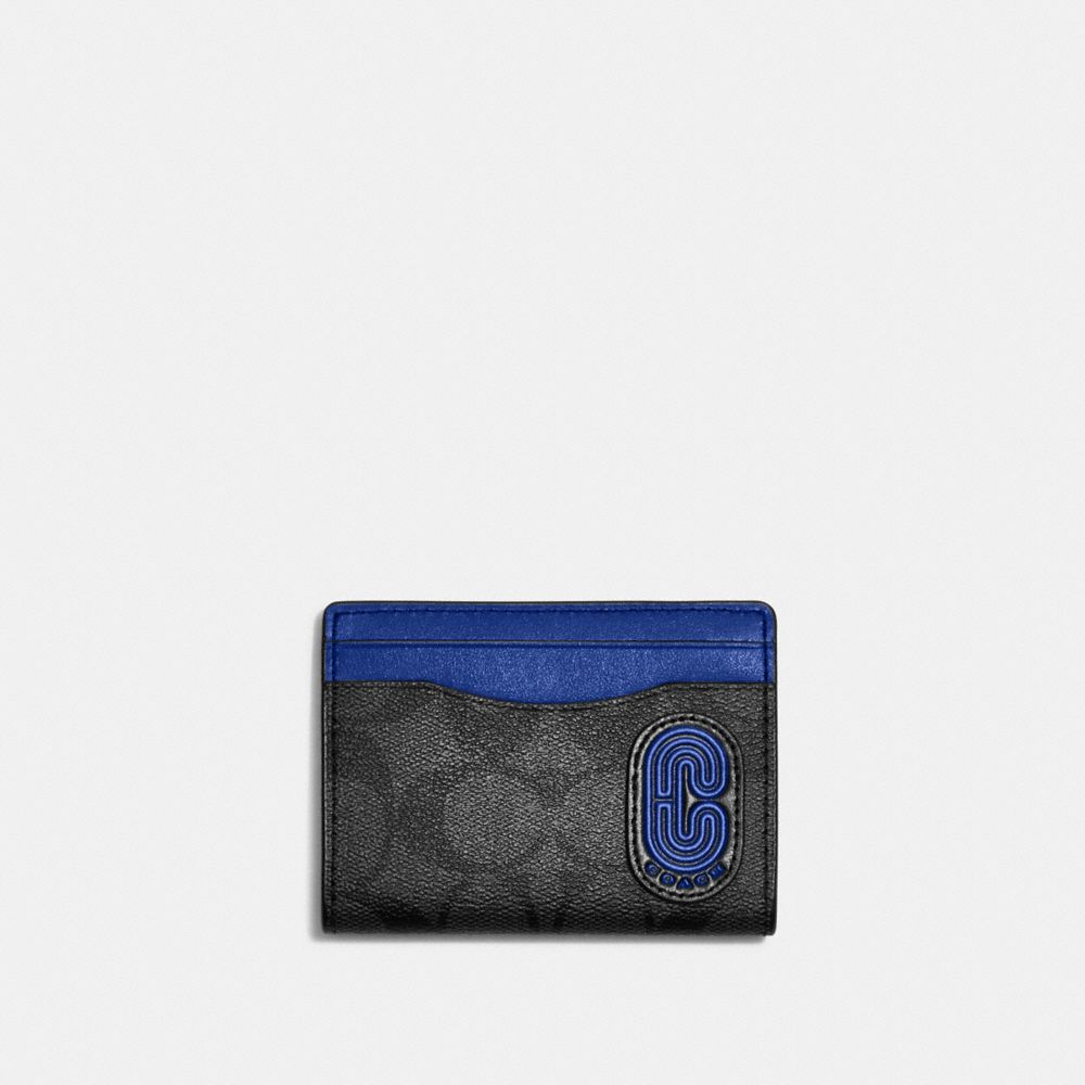 COACH®,MAGNETIC CARD CASE IN SIGNATURE CANVAS WITH COACH PATCH,Signature Canvas,Mini,Gunmetal/Charcoal/Sport Blue Multi,Front View