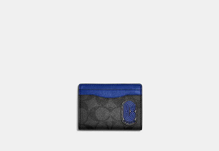 COACH®,MAGNETIC CARD CASE IN SIGNATURE CANVAS WITH COACH PATCH,Signature Coated Canvas,Mini,Gunmetal/Charcoal/Sport Blue Multi,Front View