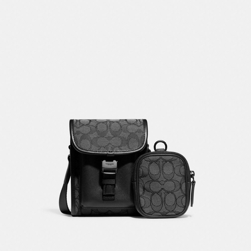 COACH®,PORTÉ-CROISÉ NORTH SOUTH AVEC POCHETTE HYBRIDE EN JACQUARD SIGNATURE,Jacquard exclusif,Charbon/Noir,Front View