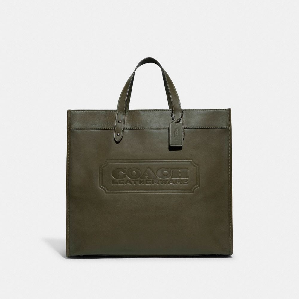 COACH®,FIELD TOTE BAG 40 WITH COACH BADGE,Smooth Leather,X-Large,Army Green,Front View image number 0