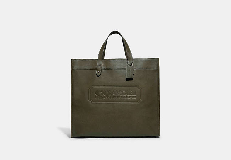 COACH®,FIELD TOTE 40 WITH COACH BADGE,Smooth Leather,X-Large,Army Green,Front View image number 0