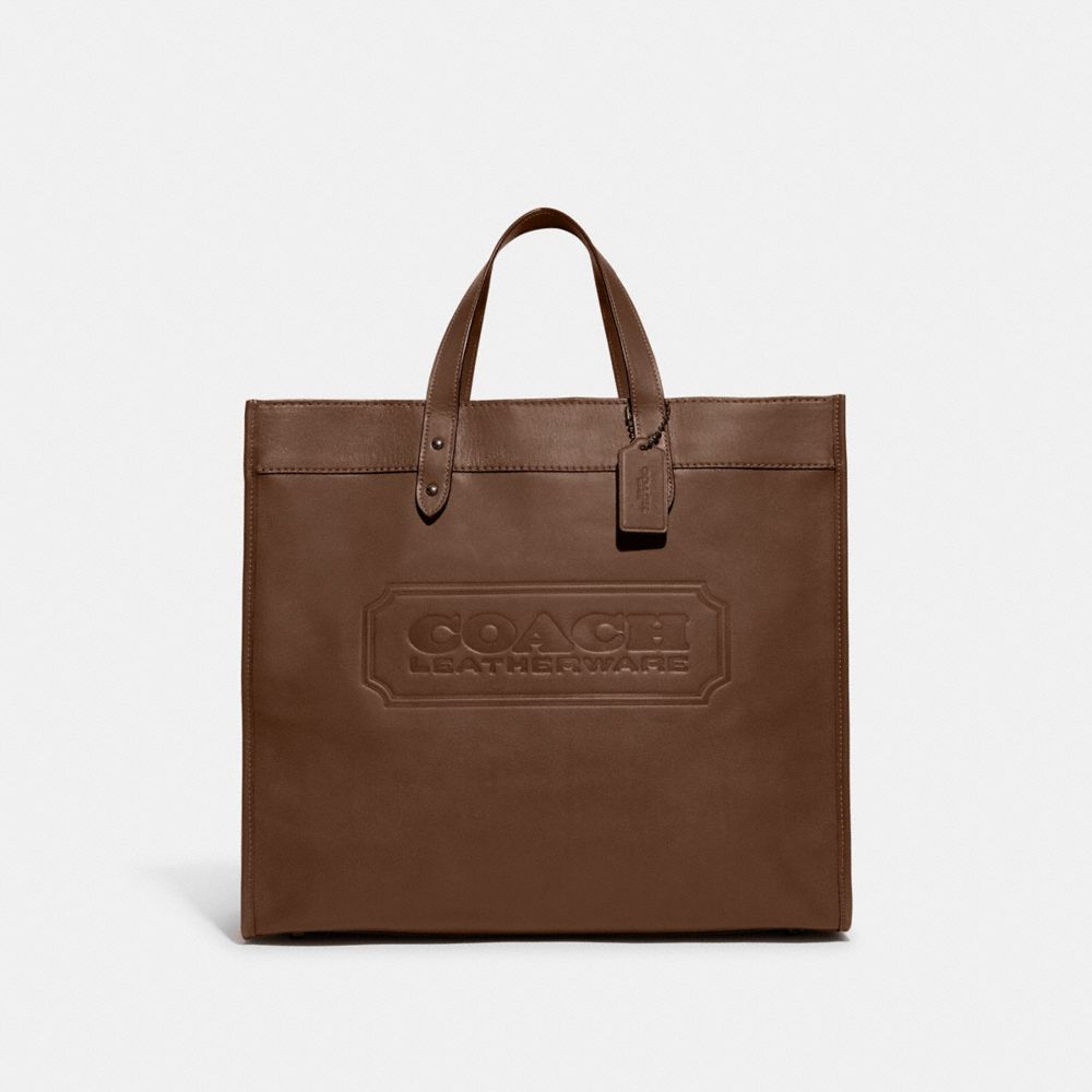 COACH®,FIELD TOTE BAG 40 WITH COACH BADGE,Smooth Leather,X-Large,Dark Saddle,Front View