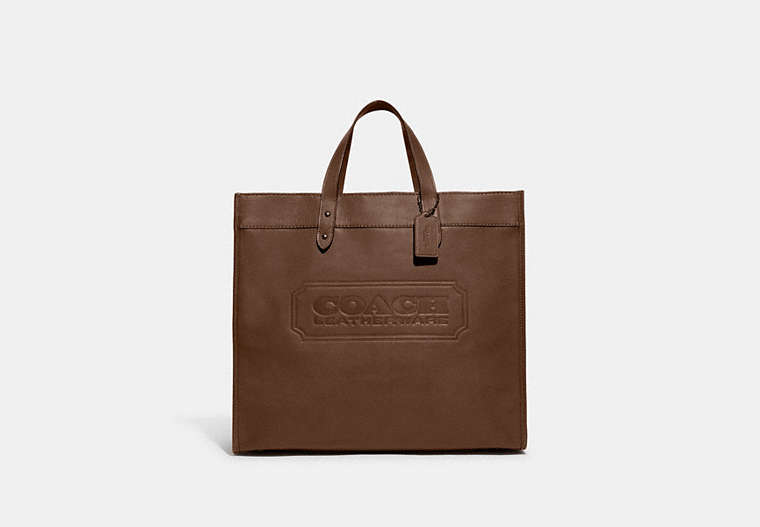 COACH®,FIELD TOTE 40 WITH COACH BADGE,Smooth Leather,X-Large,Dark Saddle,Front View