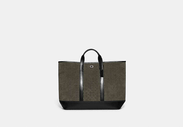 COACH®,TOBY TURNLOCK TOTE IN SIGNATURE SUEDE,Suede,Dark Army/Black,Front View