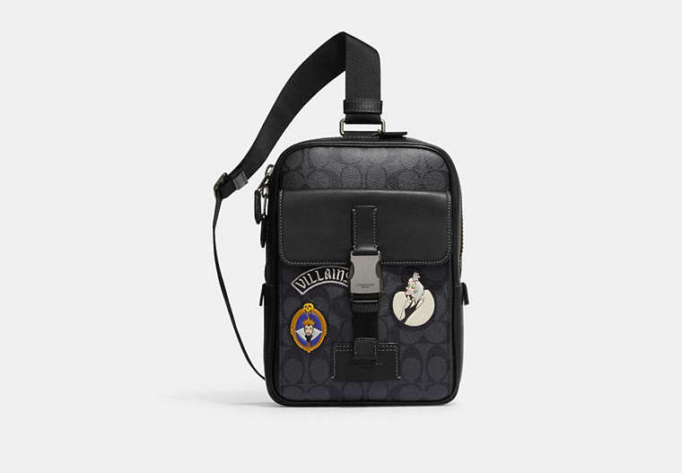 COACH®,DISNEY X COACH TRACK PACK IN SIGNATURE CANVAS WITH PATCHES,Gunmetal/Charcoal/Black Multi,Front View
