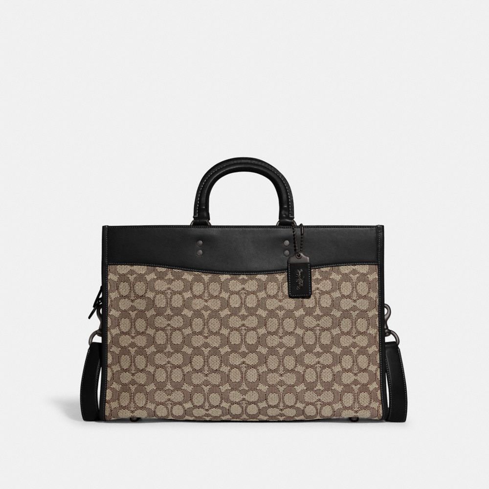 COACH®,SERVIETTE ROGUE EN TISSU JACQUARD SIGNATURE,Jacquard exclusif,Cacao/Noir,Front View