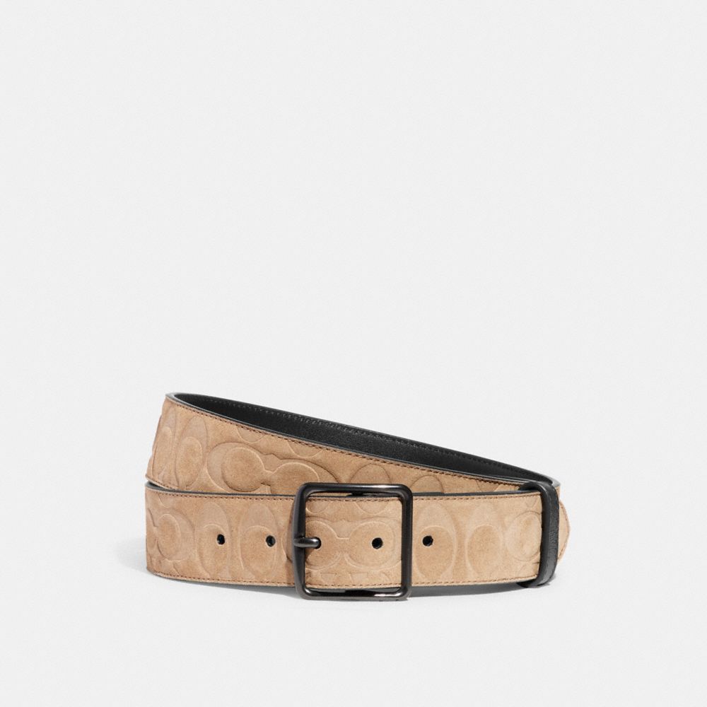 COACH®,HARNESS BUCKLE BELT IN SIGNATURE SUEDE, 38MM,Putty,Front View image number 0