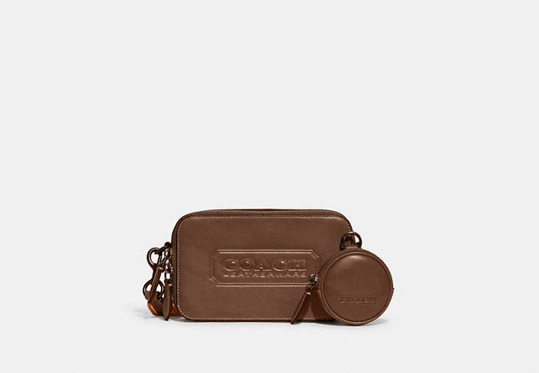 COACH®,CHARTER SLIM CROSSBODY WITH COACH BADGE,Sport calf leather,Mini,Dark Saddle,Front View