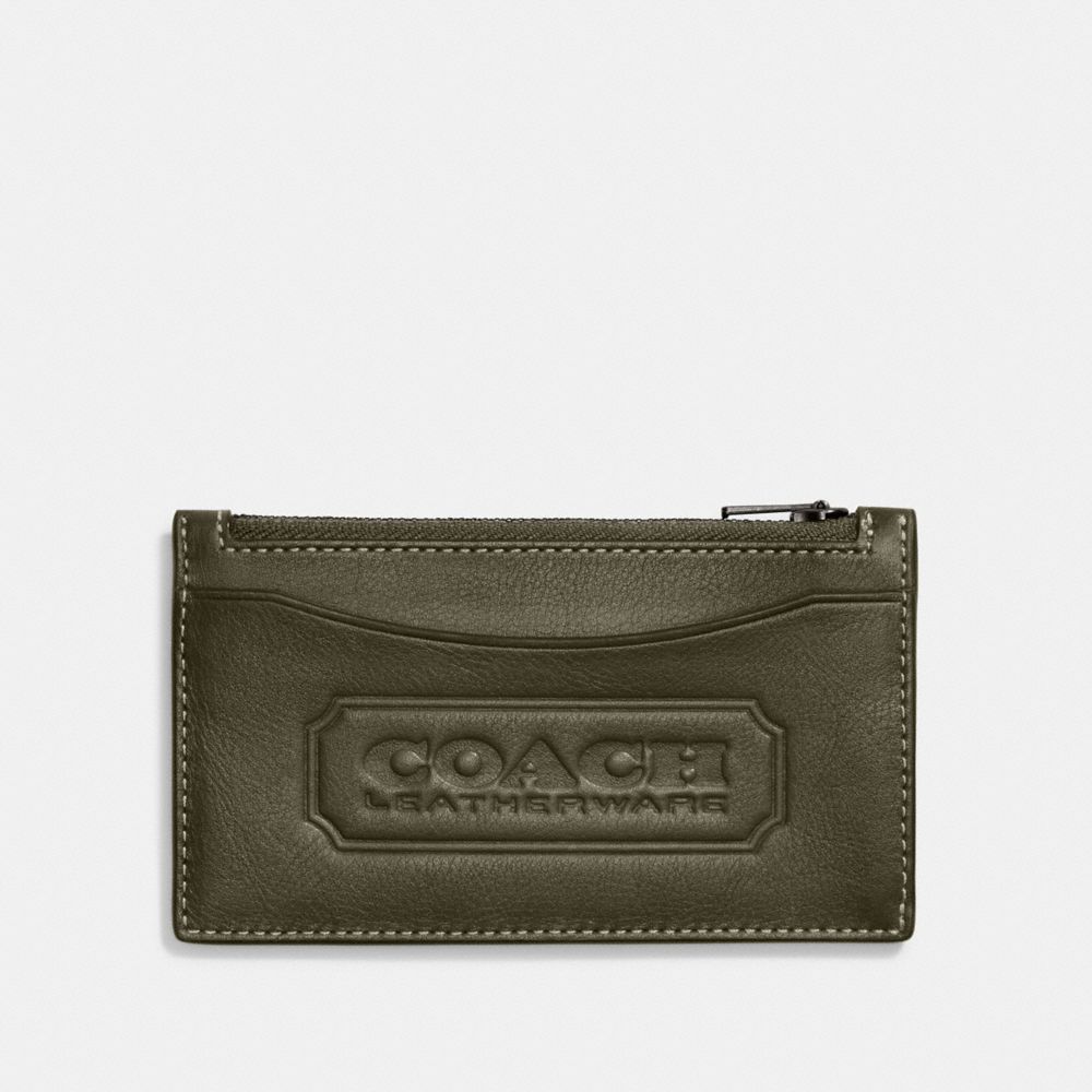 COACH®,ZIP CARD CASE WITH COACH BADGE,Sport calf leather,Army Green,Front View image number 0