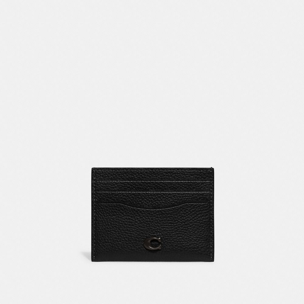 COACH®,CARD CASE,Polished Pebble Leather,Black,Front View image number 0