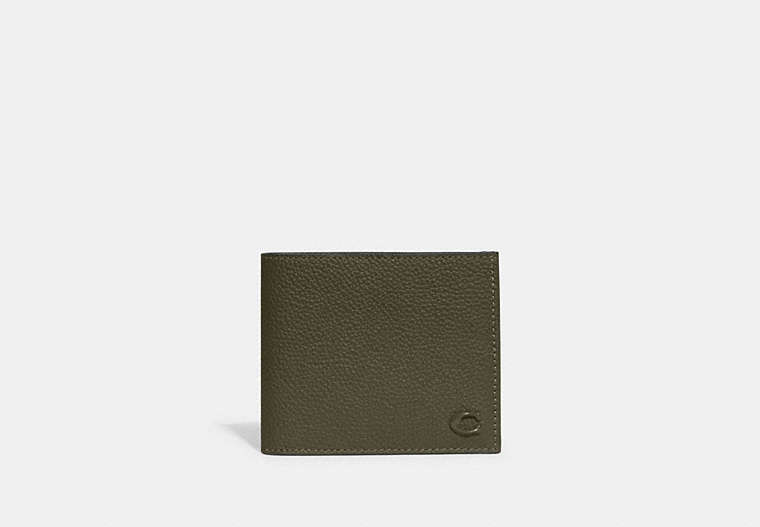 COACH®,DOUBLE BILLFOLD WALLET,Polished Pebble Leather,Army Green,Front View image number 0