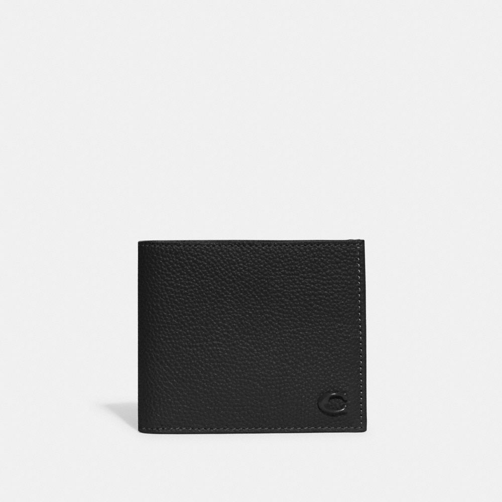 COACH®,Double Billfold Wallet,Leather,Bi Fold,Metal,Logo,Casual,Black,Front View