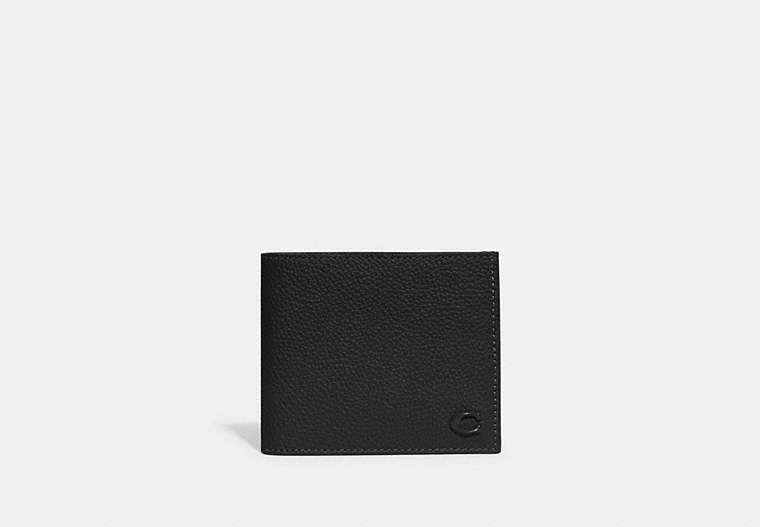 COACH®,DOUBLE BILLFOLD WALLET,Polished Pebble Leather,Black,Front View