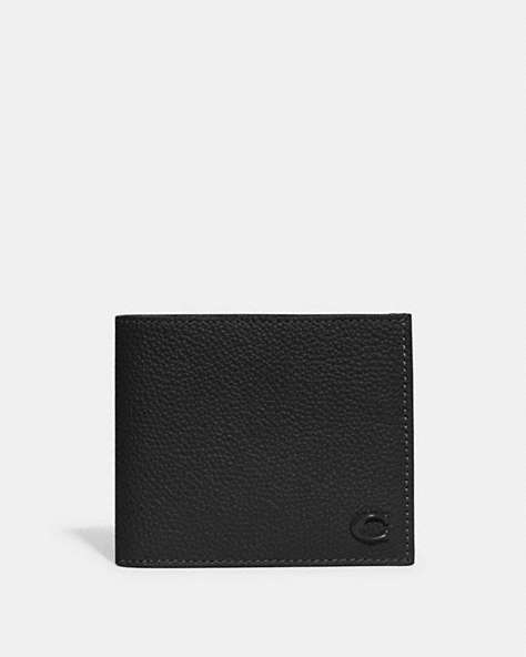 COACH®,DOUBLE BILLFOLD WALLET,Polished Pebble Leather,Mini,Black,Front View