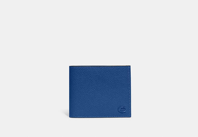 COACH®,DOUBLE BILLFOLD WALLET,Polished Pebble Leather,Blue Fin,Front View