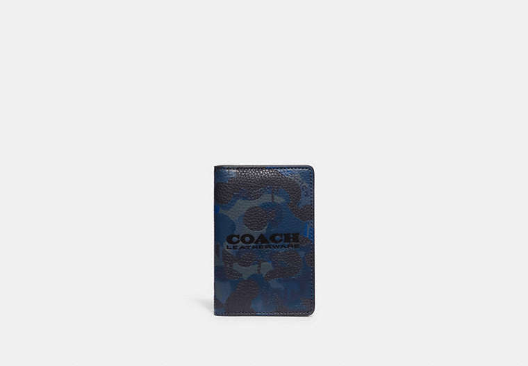COACH®,CARD WALLET WITH CAMO PRINT,Polished Pebble Leather,Mini,Camo,Blue/Midnight Navy,Front View