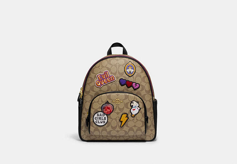 COACH®,DISNEY X COACH COURT BACKPACK IN SIGNATURE CANVAS WITH PATCHES,Signature Coated Canvas,Gold/Khaki Multi,Front View