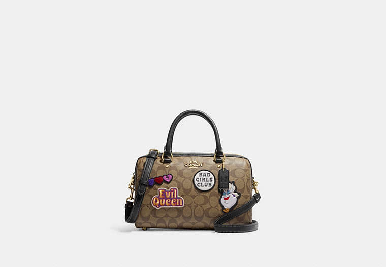COACH®,DISNEY X COACH ROWAN SATCHEL BAG IN SIGNATURE CANVAS WITH PATCHES,Signature Coated Canvas,Medium,Gold/Khaki Multi,Front View
