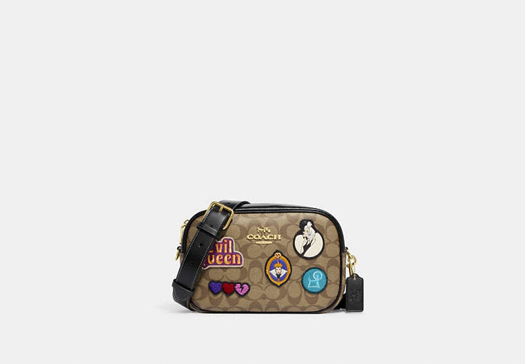 COACH®,DISNEY X COACH JAMIE CAMERA BAG IN SIGNATURE CANVAS WITH PATCHES,Signature Coated Canvas,Mini,Gold/Khaki Multi,Front View