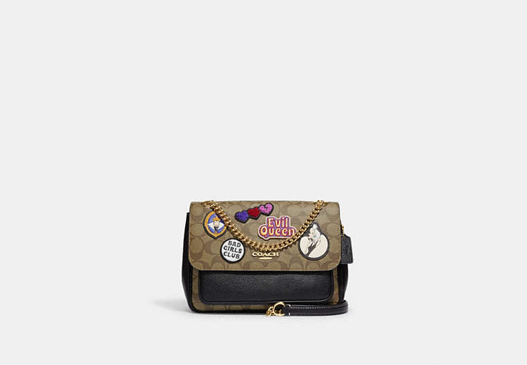 COACH®,DISNEY X COACH KLARE CROSSBODY 25 IN SIGNATURE CANVAS WITH PATCHES,Medium,Gold/Khaki Multi,Front View