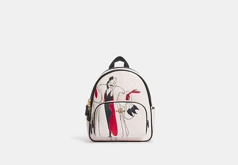 COACH®,DISNEY X COACH MINI COURT BACKPACK WITH CRUELLA MOTIF,Refined Pebble Leather,Gold/Chalk Multi,Front View