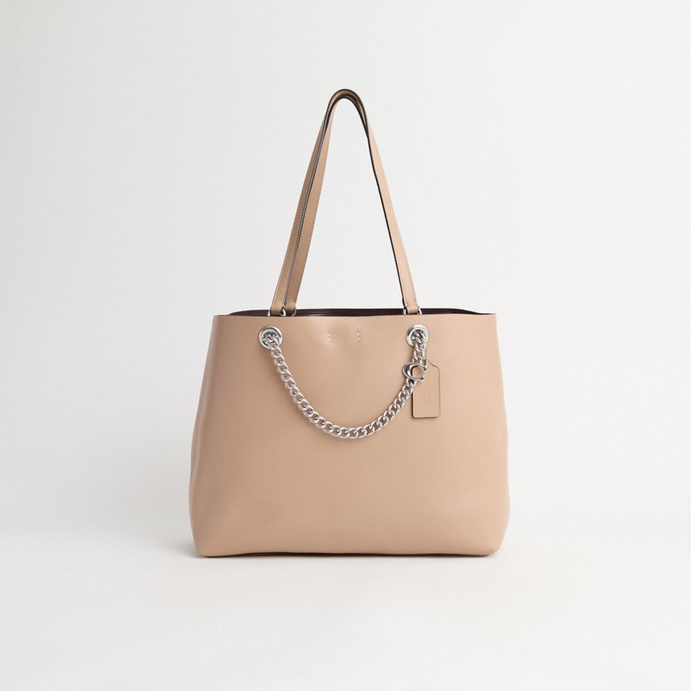 COACH®,Restored Signature Chain Central Tote,Beige,Front View