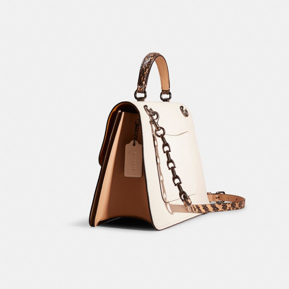 COACH®,Restored Parker Top Handle 32 In Colorblock With Snakeskin Detail,Snakeskin,Leather,Satchel,Logo,Chain Detail,Susta...,Cream,Angle View