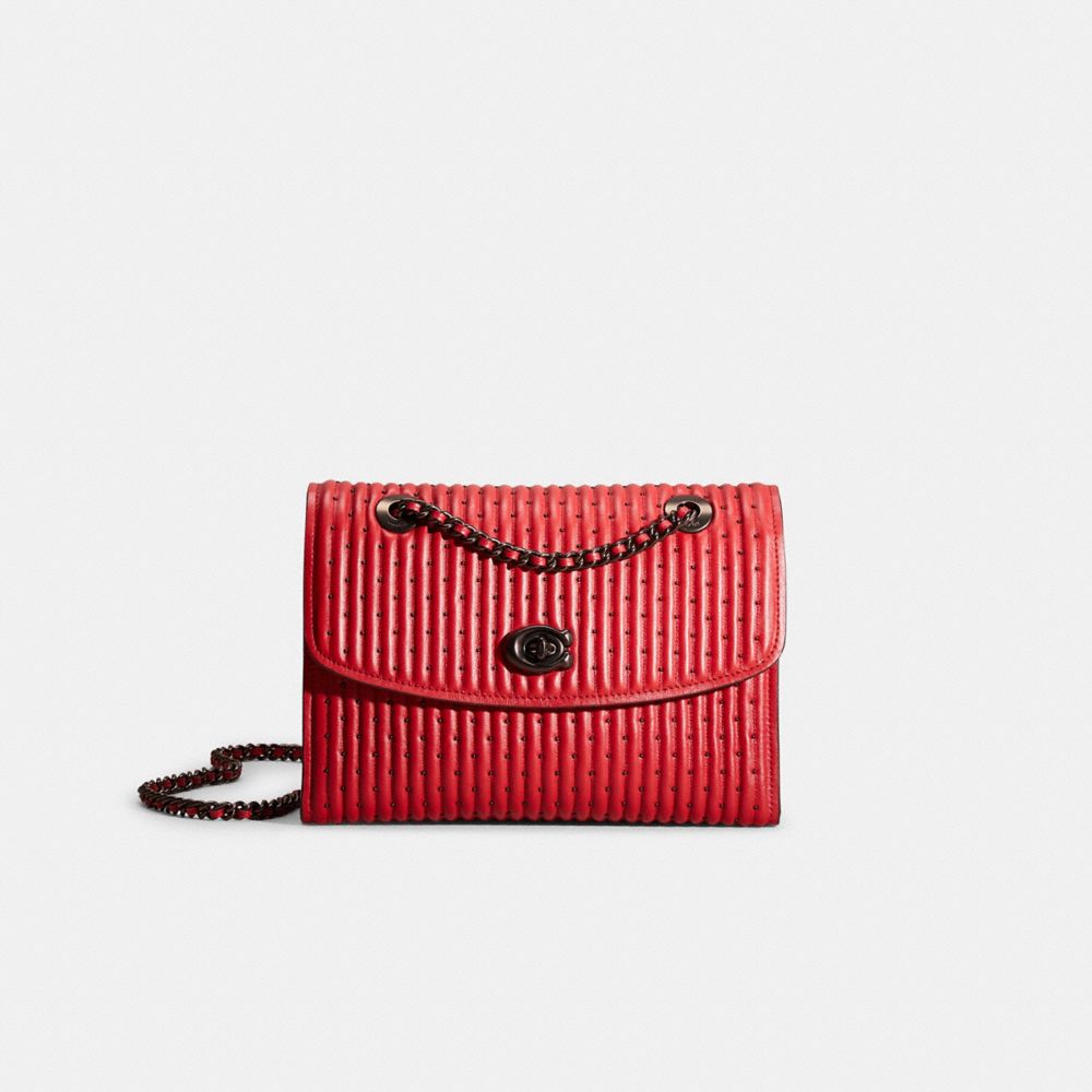 COACH®,Restored Parker With Quilting And Rivets,Leather,Shoulder Bag,Metal,Rhinestones,Embellished,Logo,Ribbed,Day Party,Red,Front View