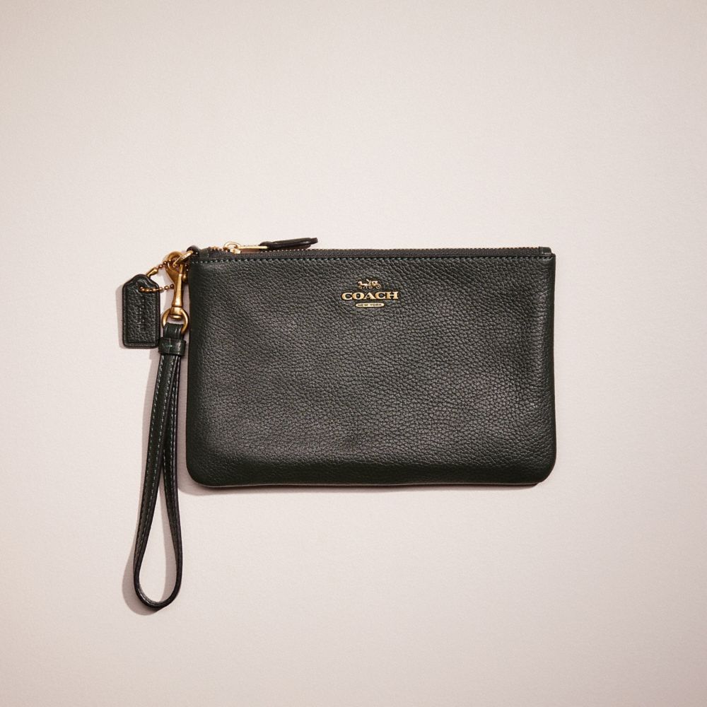 COACH®,RESTORED SMALL WRISTLET,Polished Pebble Leather,Mini,Brass/Amazon Green,Front View