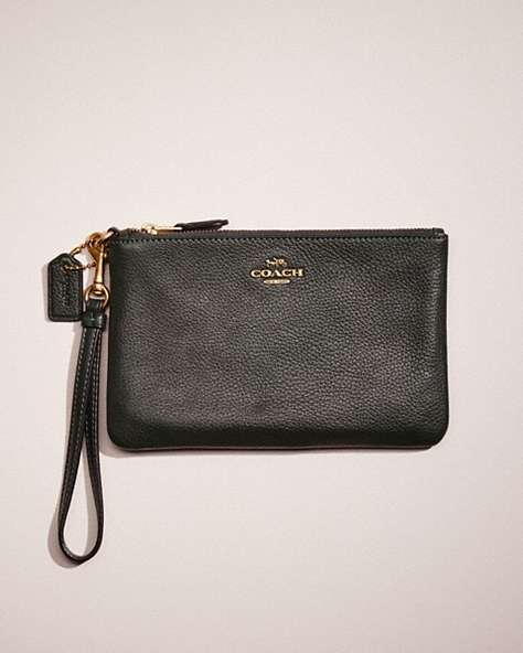 COACH®,RESTORED SMALL WRISTLET,Polished Pebble Leather,Mini,Brass/Amazon Green,Front View