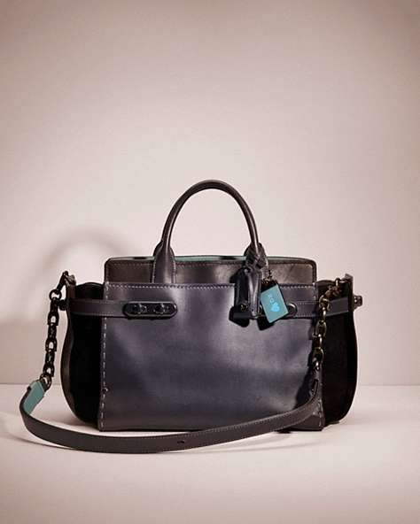 COACH®,RESTORED DOUBLE SWAGGER IN COLORBLOCK,Smooth Leather/Suede,Large,Pewter/Navy Black,Front View