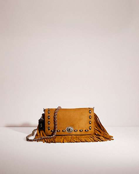 COACH®,RESTORED DINKY WITH FRINGE,Suede,Oak/Light Antique Nickel,Front View