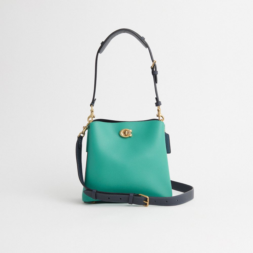 COACH®,Restored Willow Bucket Bag In Colorblock,Leather,Bucket,Logo,Metal,Casual,Turquoise,Front View