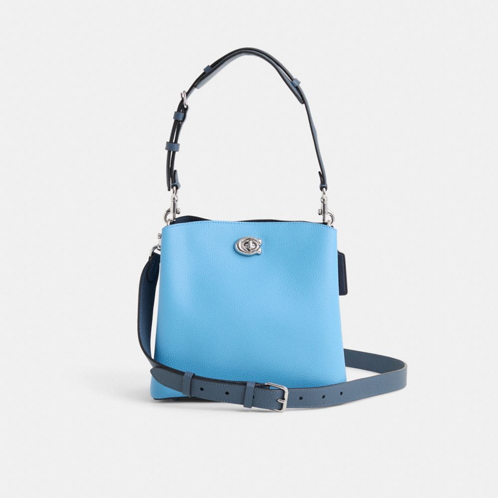 COACH®,Restored Willow Bucket Bag In Colorblock,Leather,Bucket,Logo,Metal,Casual,Blue,Front View