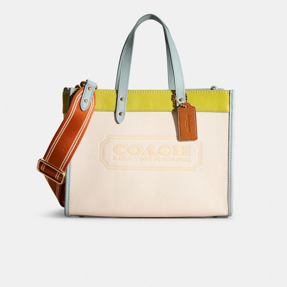 COACH®,Restored Field Tote 30 In Colorblock With Coach Badge.,Leather,Tote,Stripe,Color Block,Piping,Day Party,Cream,Front View