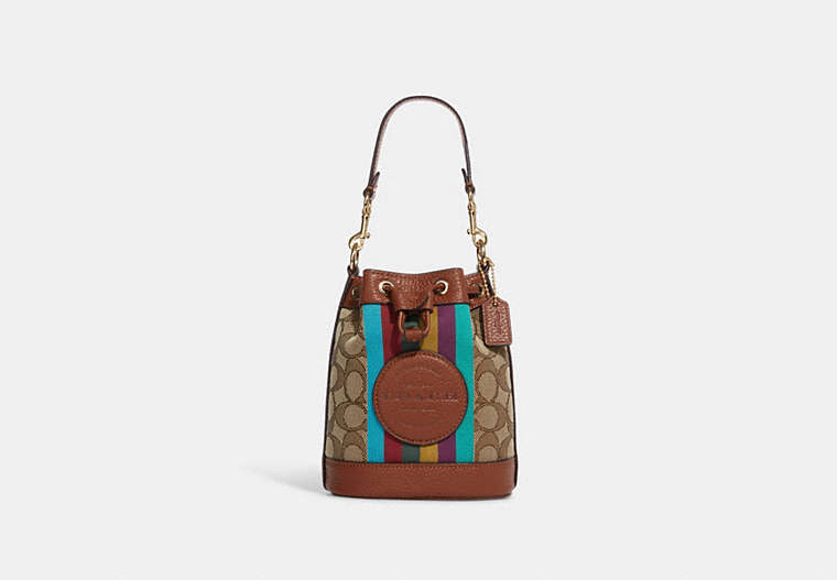 COACH®,MINI DEMPSEY BUCKET BAG IN SIGNATURE JACQUARD WITH STRIPE AND COACH PATCH,Refined Pebble Leather,Small,Gold/Khaki Multi,Front View