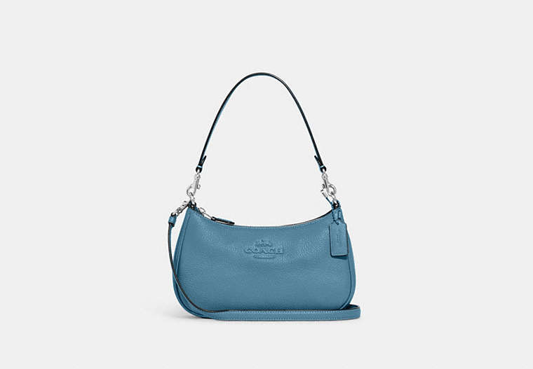 COACH®,TERI SHOULDER BAG,Refined Pebble Leather,Large,Silver/Pacific Blue,Front View