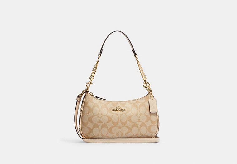 COACH®,TERI SHOULDER BAG IN SIGNATURE CANVAS,Signature Coated Canvas,Large,Gold/Light Khaki Multi,Front View image number 0