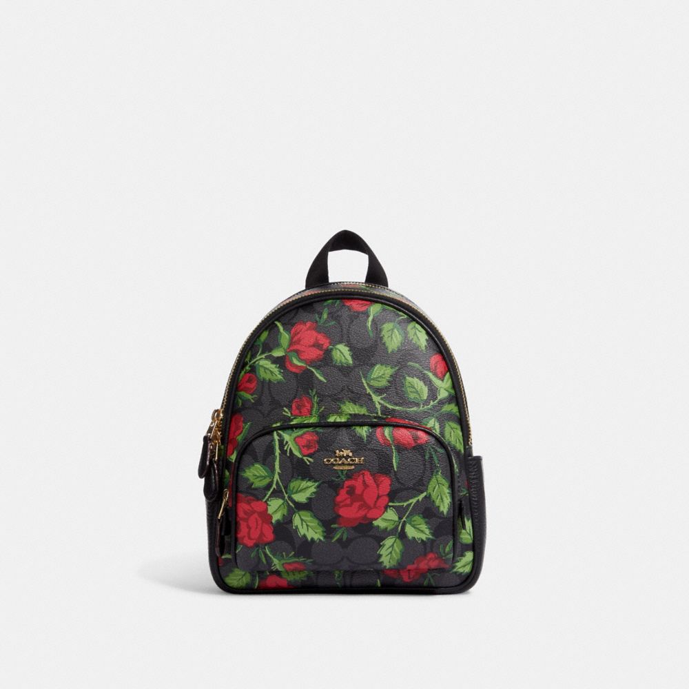COACH®,MINI COURT BACKPACK IN SIGNATURE CANVAS WITH FAIRYTALE ROSE PRINT,Signature Coated Canvas,Medium,Im/Graphite/Red Multi,Front View