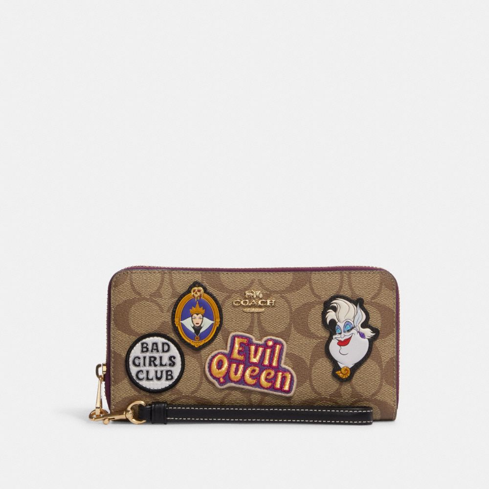 COACH®,DISNEY X COACH LONG ZIP AROUND WALLET IN SIGNATURE CANVAS WITH PATCHES,Mini,Gold/Khaki Multi,Front View